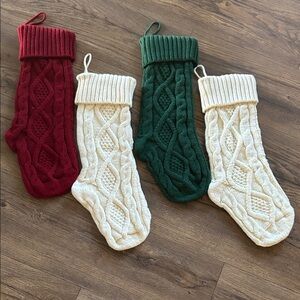 Set of 4 Knit Christmas Stockings - Red, Green, and Cream